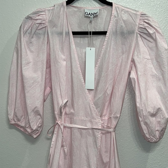 Ganni Puff Sleeve Organic Cotton Wrap Dress in Cherry Blossom - Picture 8 of 10